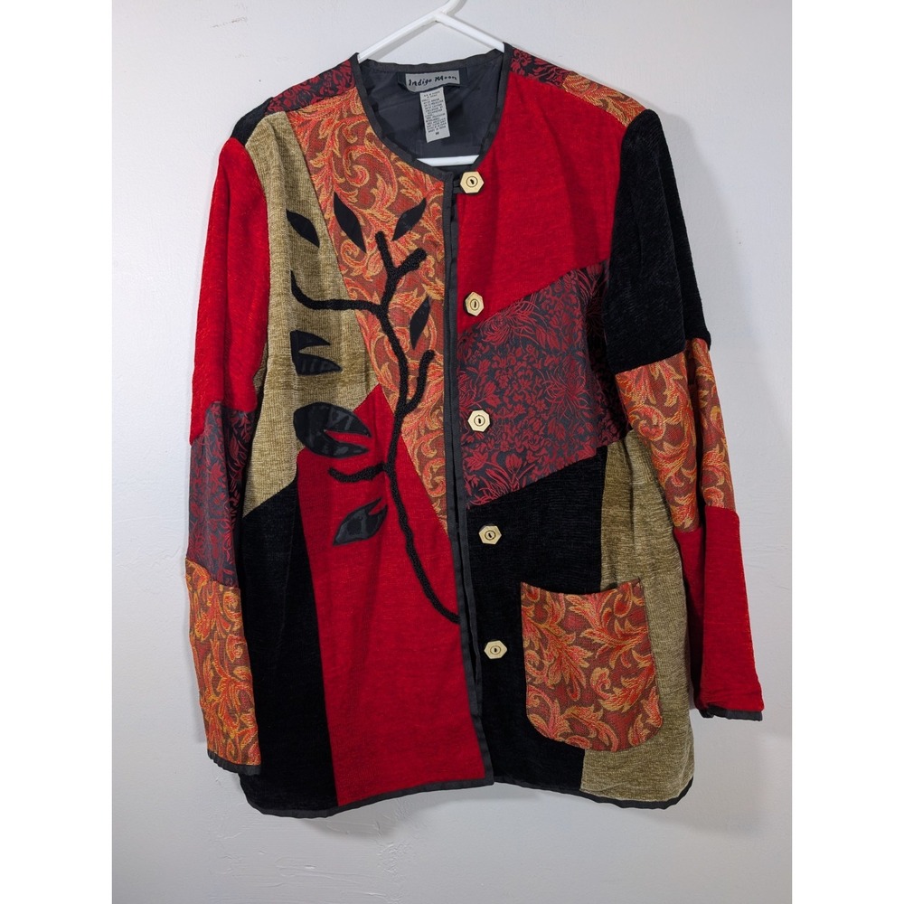 Vintage 80's Indigo Moon Blazer Jacket Medium Red Multimedia‎ Patchwork Jacquard